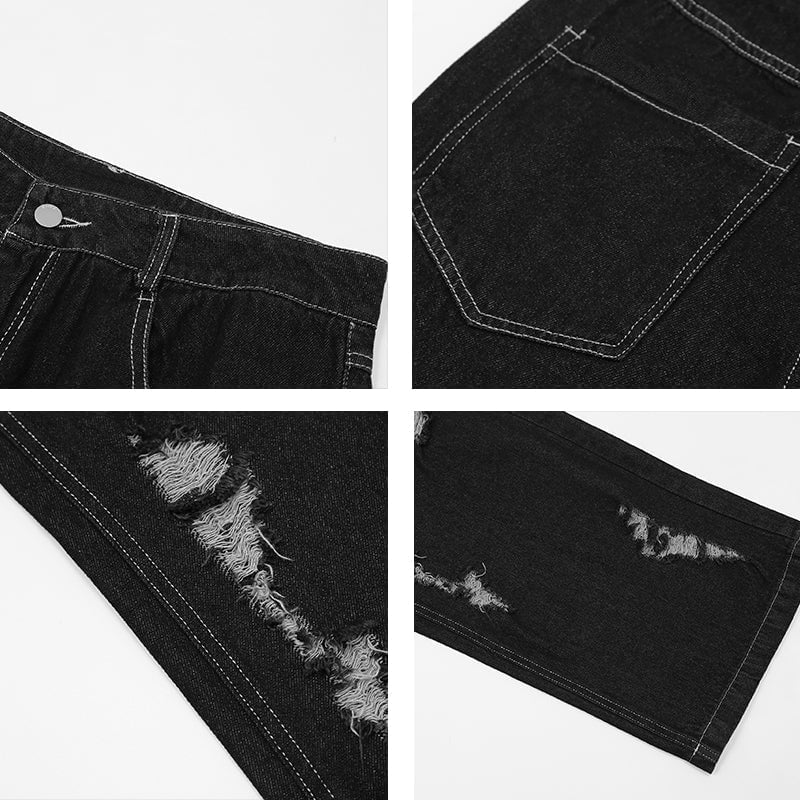 Black Ripped Wide Leg Jeans Streetwear Brand Techwear Combat Tactical YUGEN THEORY