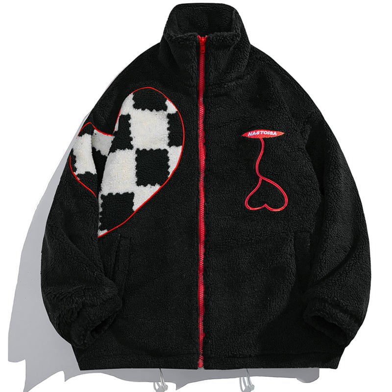 Fleece Winter Coat Checkerboard Heart Streetwear Brand Techwear Combat Tactical YUGEN THEORY