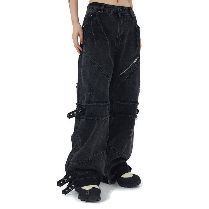 High Street Jeans Buckle Zipper Bottom Streetwear Brand Techwear Combat Tactical YUGEN THEORY