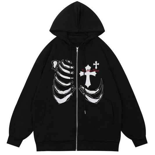 Zipper Hoodie Skeleton and Cross Streetwear Brand Techwear Combat Tactical YUGEN THEORY