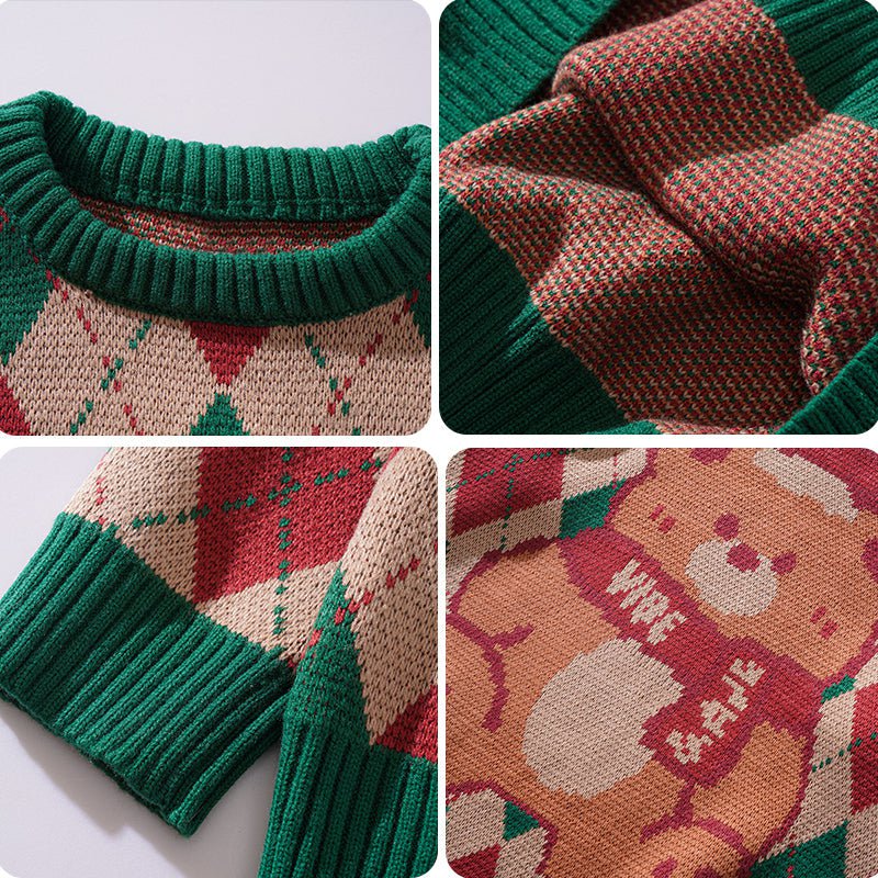 Argyle Knit Sweater Christmas Bear Streetwear Brand Techwear Combat Tactical YUGEN THEORY