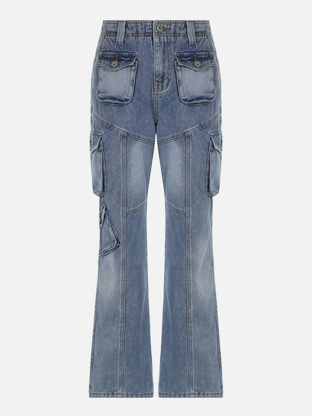 Asymmetrical Pockets Washed Jeans Streetwear Brand Techwear Combat Tactical YUGEN THEORY