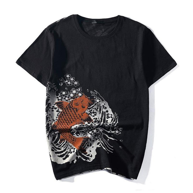 Brown Koi Sakura Embroidery T-Shirt Streetwear Brand Techwear Combat Tactical YUGEN THEORY