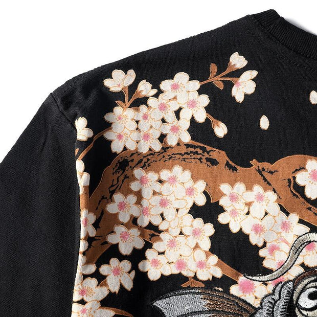 Brown Koi Sakura Embroidery T-Shirt Streetwear Brand Techwear Combat Tactical YUGEN THEORY