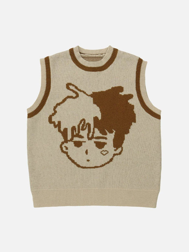 Cartoon Character Embroidery Sweater Vest Streetwear Brand Techwear Combat Tactical YUGEN THEORY