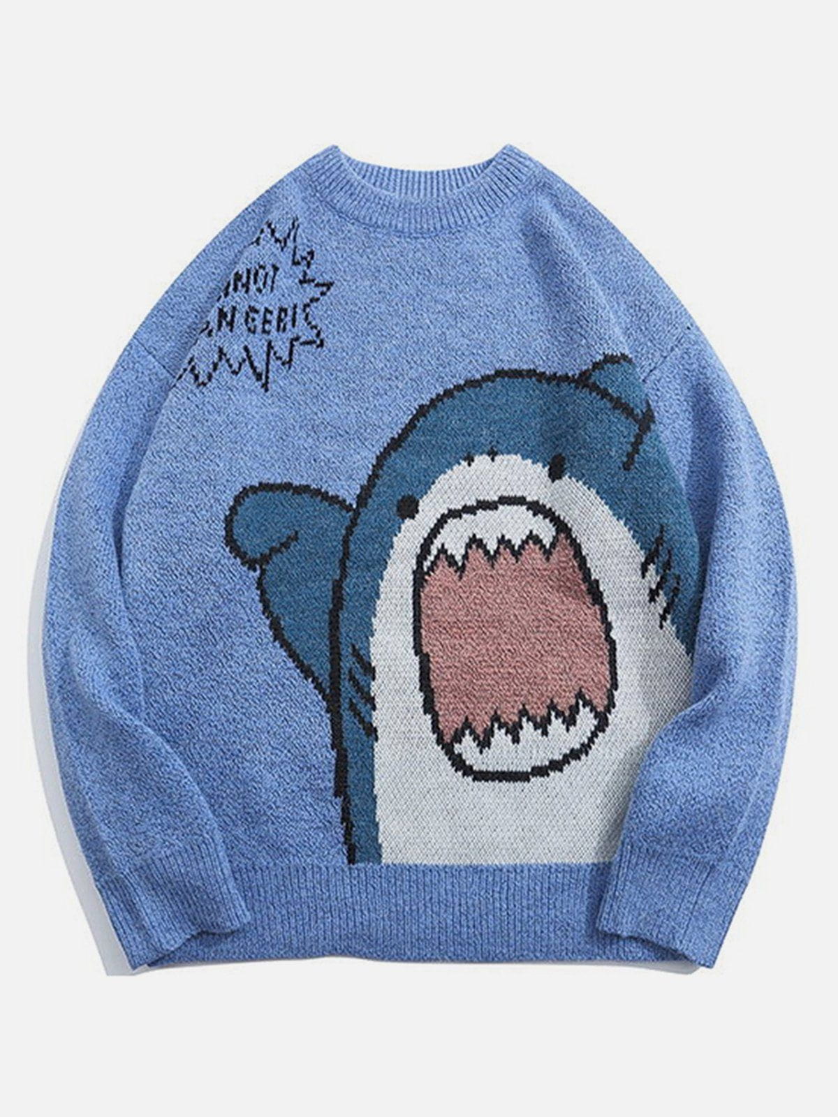 Cartoon Shark Pattern Knitted Sweater Streetwear Brand Techwear Combat Tactical YUGEN THEORY