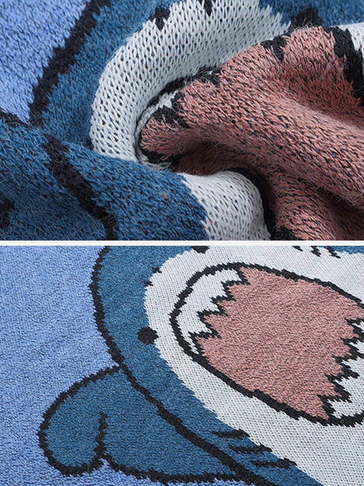 Cartoon Shark Pattern Knitted Sweater Streetwear Brand Techwear Combat Tactical YUGEN THEORY
