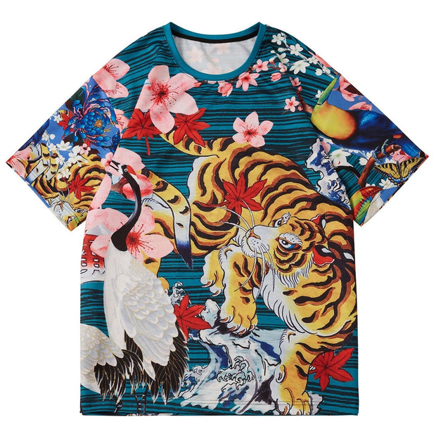 Cherry Blossoms Tiger Crane Print Tee Streetwear Brand Techwear Combat Tactical YUGEN THEORY