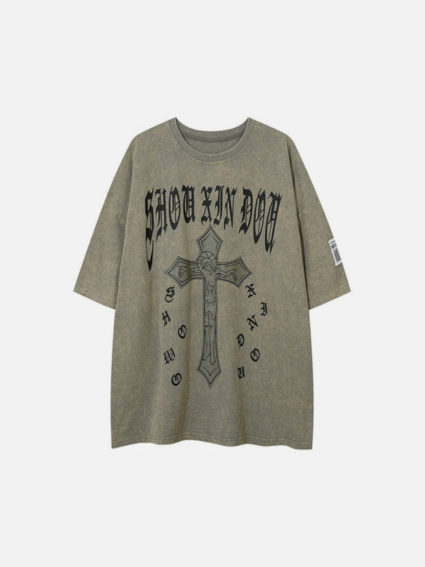 Cross Print Washed Graphic Tee Streetwear Brand Techwear Combat Tactical YUGEN THEORY