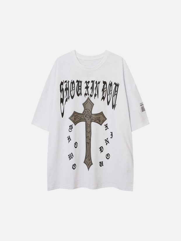 Cross Print Washed Graphic Tee Streetwear Brand Techwear Combat Tactical YUGEN THEORY