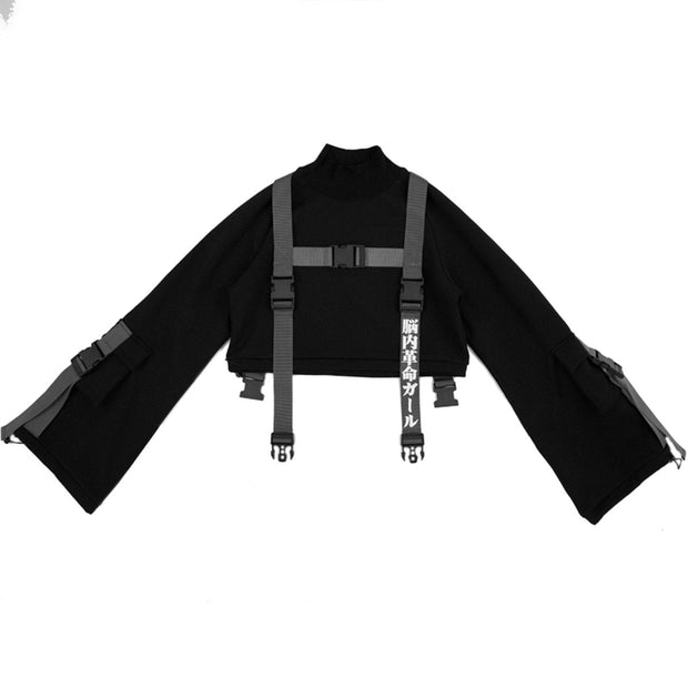 Cyberpunk Ribbons Fleece Cropped Sweatshirt Streetwear Brand Techwear Combat Tactical YUGEN THEORY