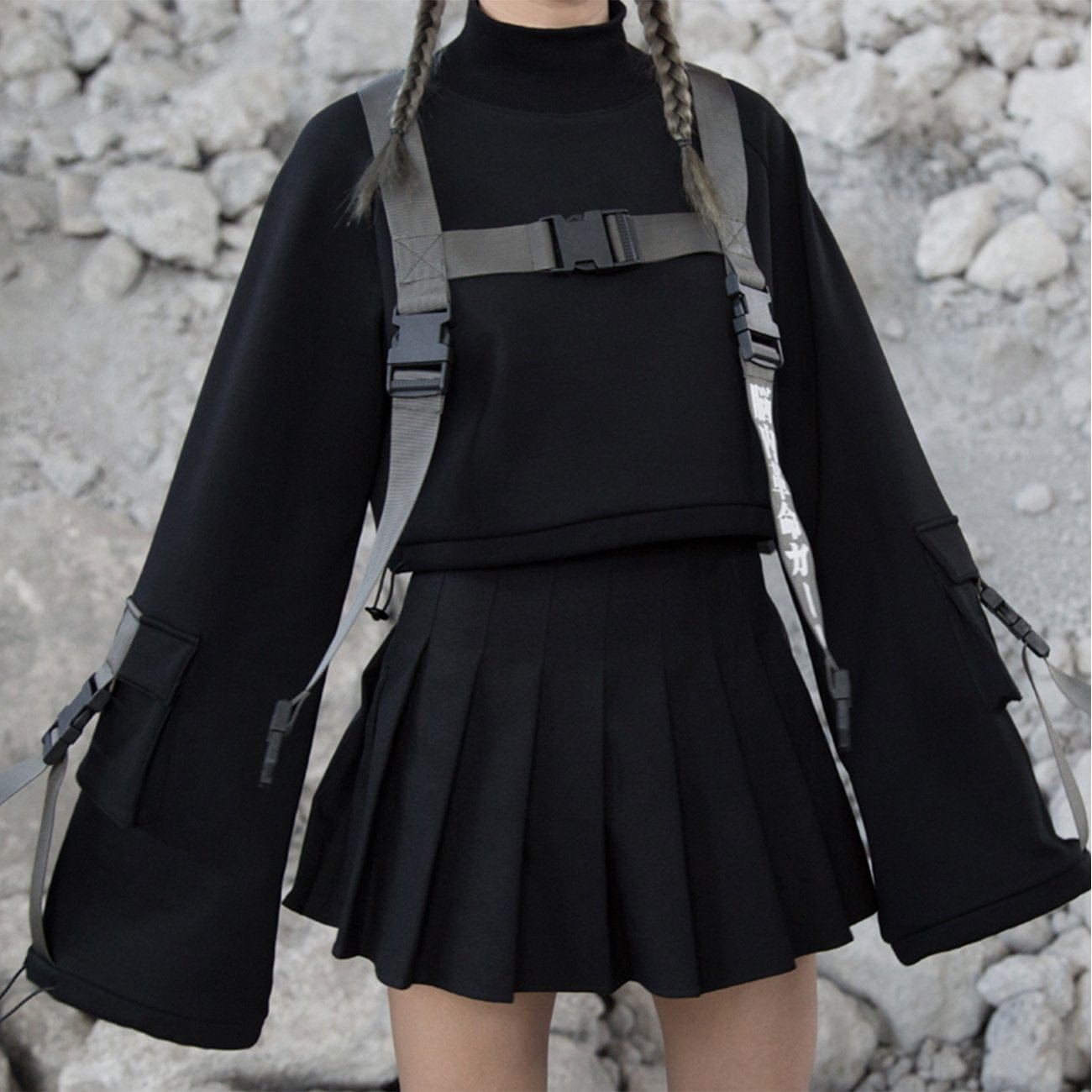 Cyberpunk Ribbons Fleece Cropped Sweatshirt Streetwear Brand Techwear Combat Tactical YUGEN THEORY