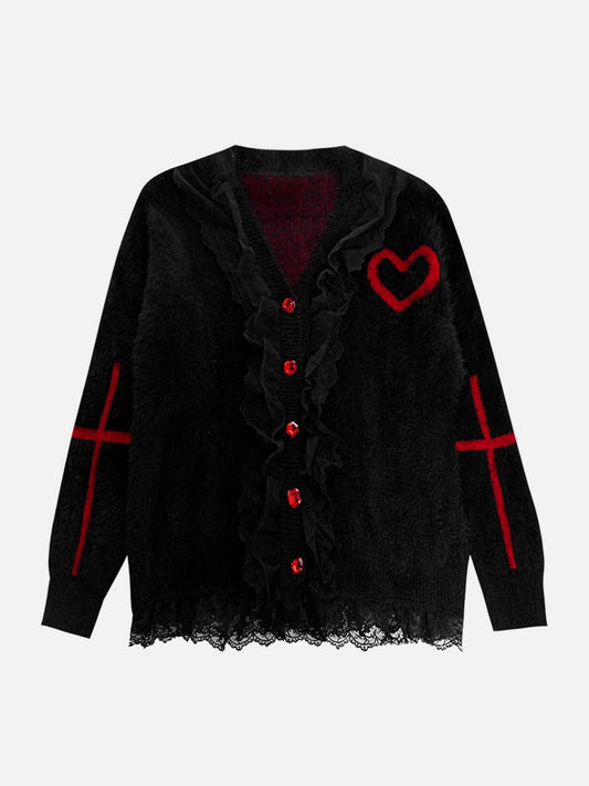 Dark Cross Love Lace Knit Cardigan Streetwear Brand Techwear Combat Tactical YUGEN THEORY