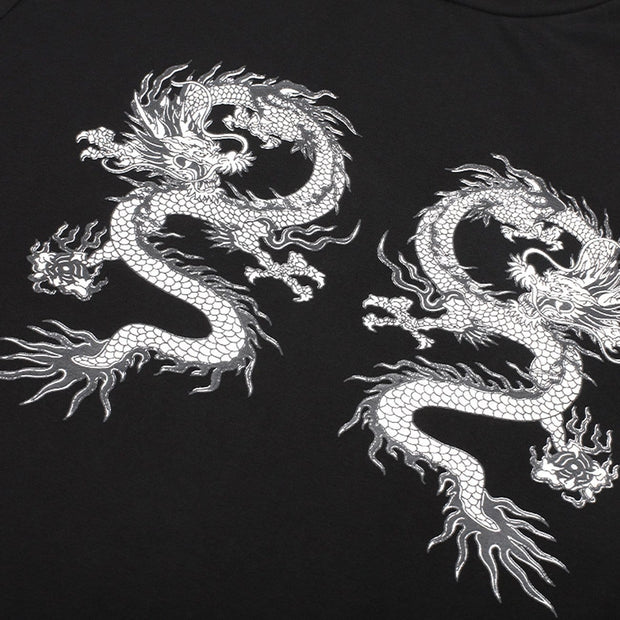 Dark Double Dragon Print Cropped Long Sleeve T Shirt Streetwear Brand Techwear Combat Tactical YUGEN THEORY