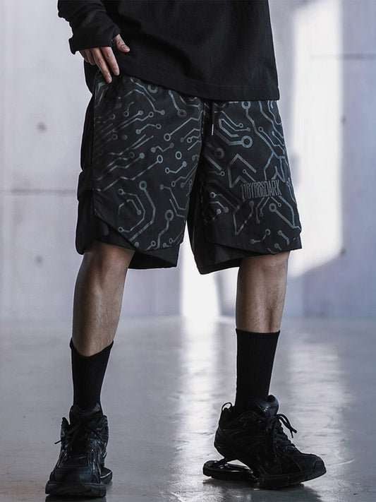 Dark Mechanical Print Cargo Shorts Streetwear Brand Techwear Combat Tactical YUGEN THEORY