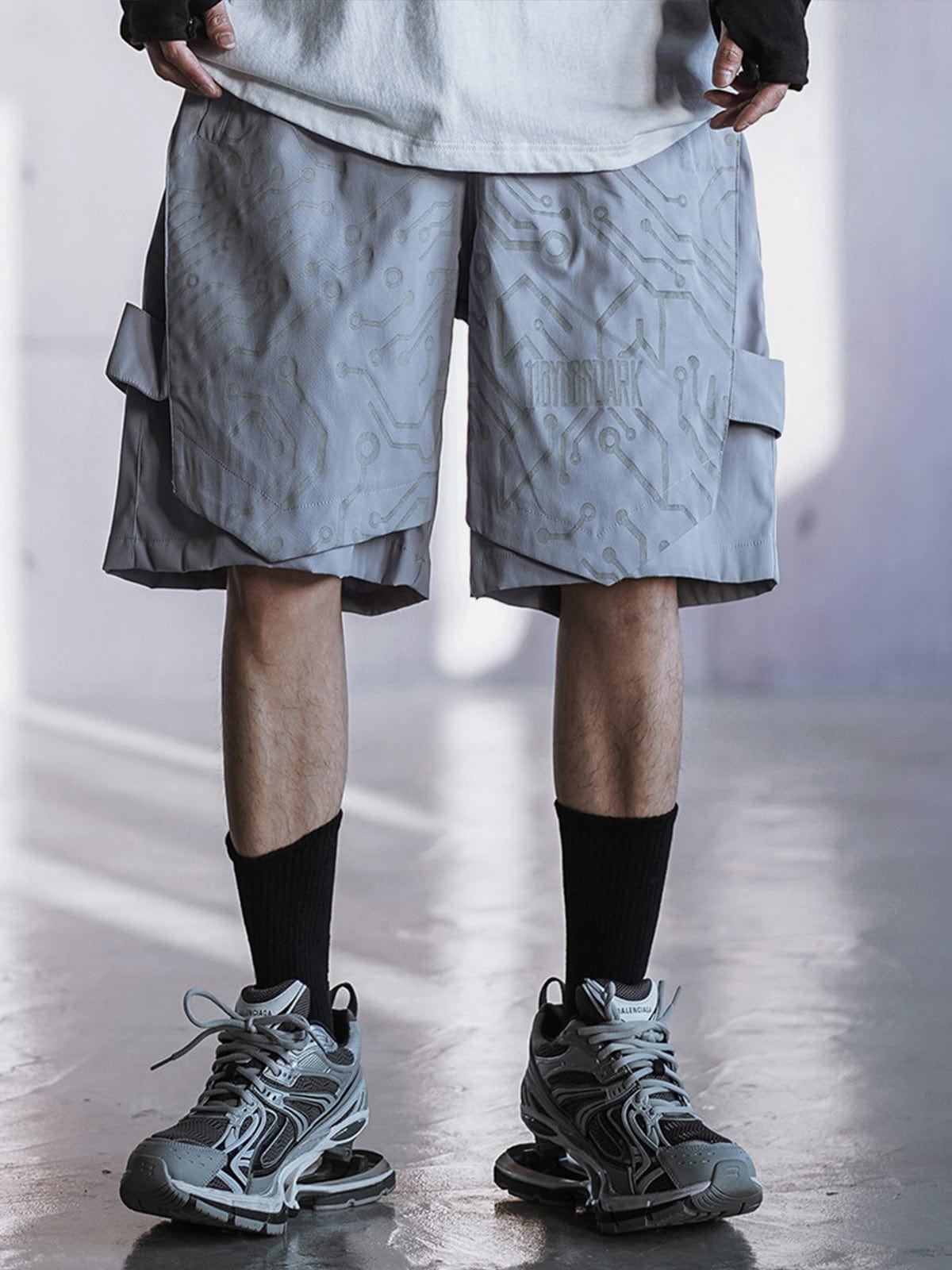 Dark Mechanical Print Cargo Shorts Streetwear Brand Techwear Combat Tactical YUGEN THEORY
