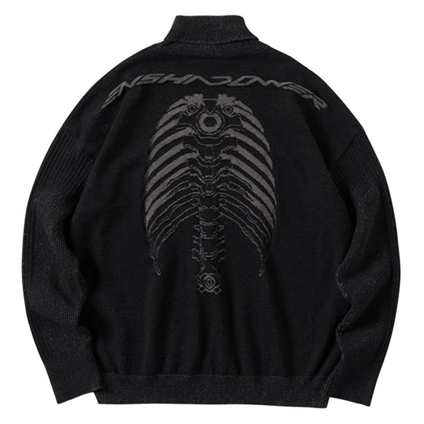 Dark Mechanical Skeleton Print Knitted Sweater Streetwear Brand Techwear Combat Tactical YUGEN THEORY