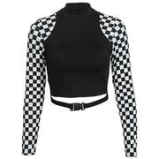 Dark Patchwork Checkerboard Plaid Cropped Long Sleeve T Shirt Streetwear Brand Techwear Combat Tactical YUGEN THEORY