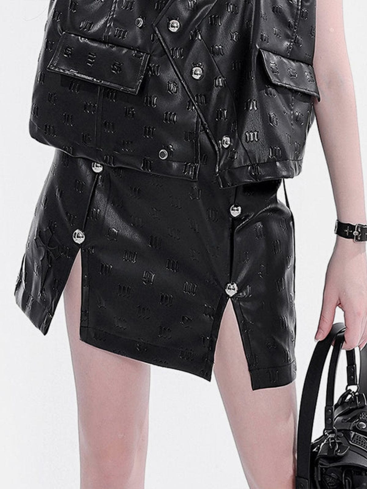 Dark Pattern Embossed Slit PU Skirt Streetwear Brand Techwear Combat Tactical YUGEN THEORY