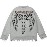 Dark Ripped Skeleton Letters Print Oversized Sweater Streetwear Brand Techwear Combat Tactical YUGEN THEORY