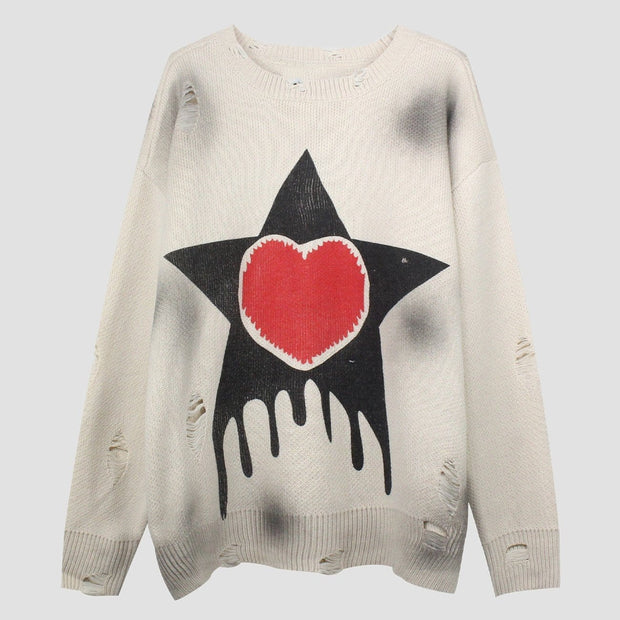 Dark Tie-dye Ripped Five-pointed Star Love Knitted Sweater Streetwear Brand Techwear Combat Tactical YUGEN THEORY