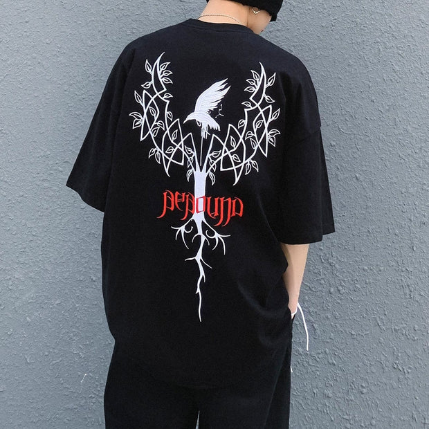 Dark Tree Bird Embroidery Cotton Tee Streetwear Brand Techwear Combat Tactical YUGEN THEORY