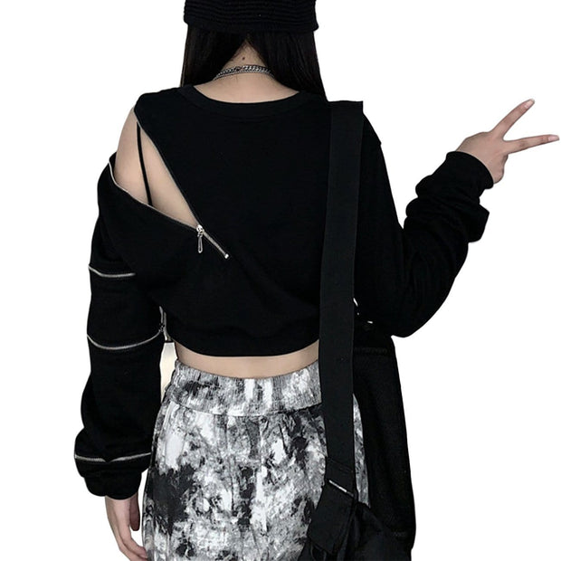 Dark Zipper Strapless Cropped Sweatshirt Streetwear Brand Techwear Combat Tactical YUGEN THEORY