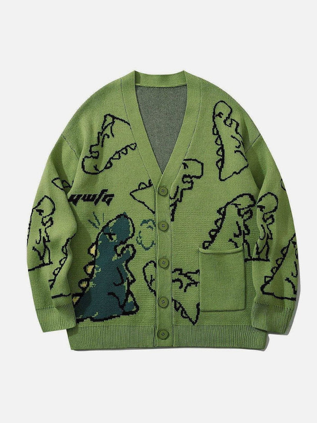 Dinosaur Cartoon Pattern Knit Cardigan Streetwear Brand Techwear Combat Tactical YUGEN THEORY