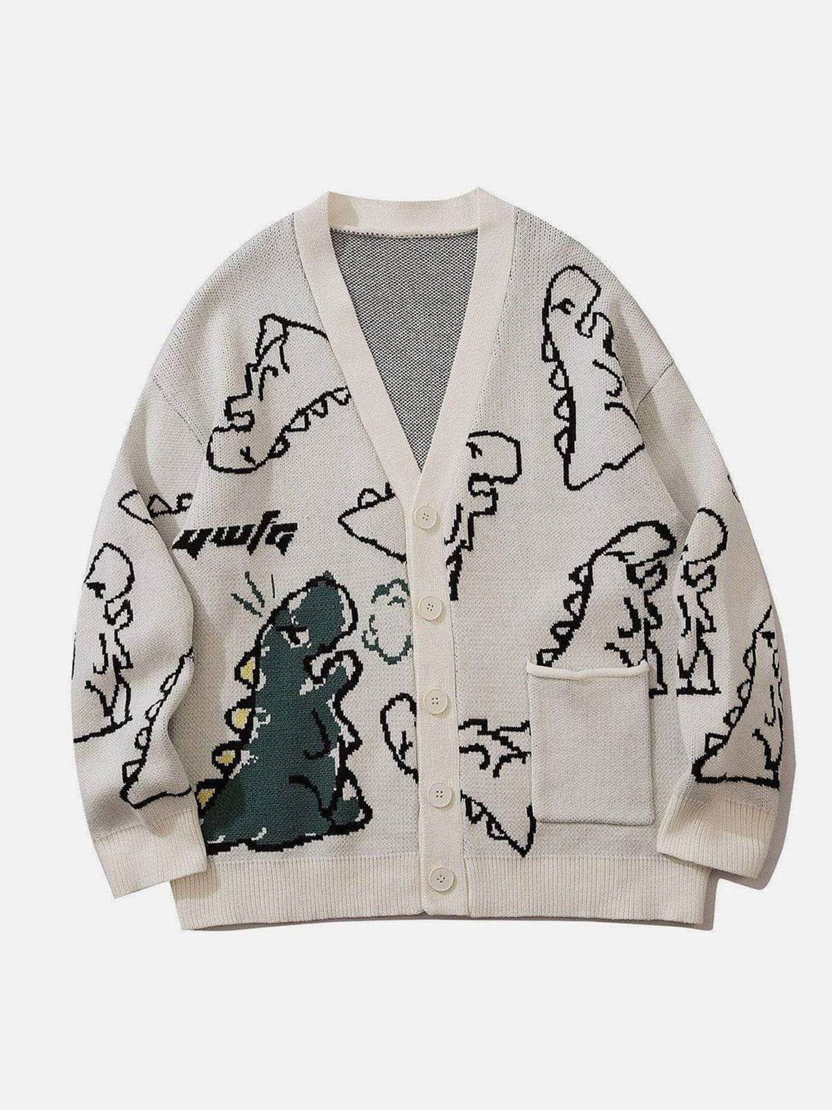 Dinosaur Cartoon Pattern Knit Cardigan Streetwear Brand Techwear Combat Tactical YUGEN THEORY