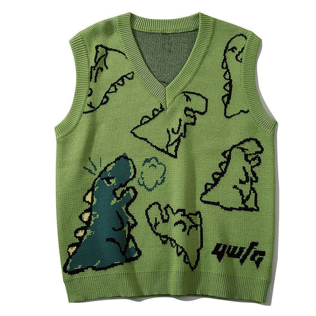 Dinosaur Graphic Knit Sweater Vest Streetwear Brand Techwear Combat Tactical YUGEN THEORY