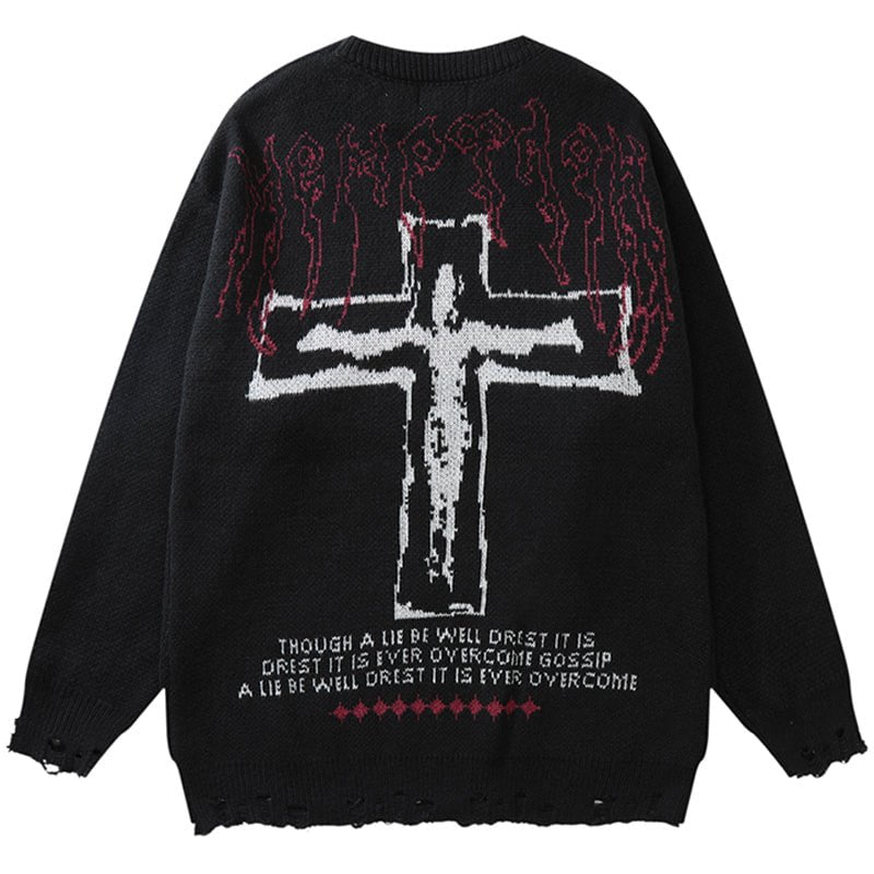 Distressed Knit Sweater Gothic Cross Streetwear Brand Techwear Combat Tactical YUGEN THEORY