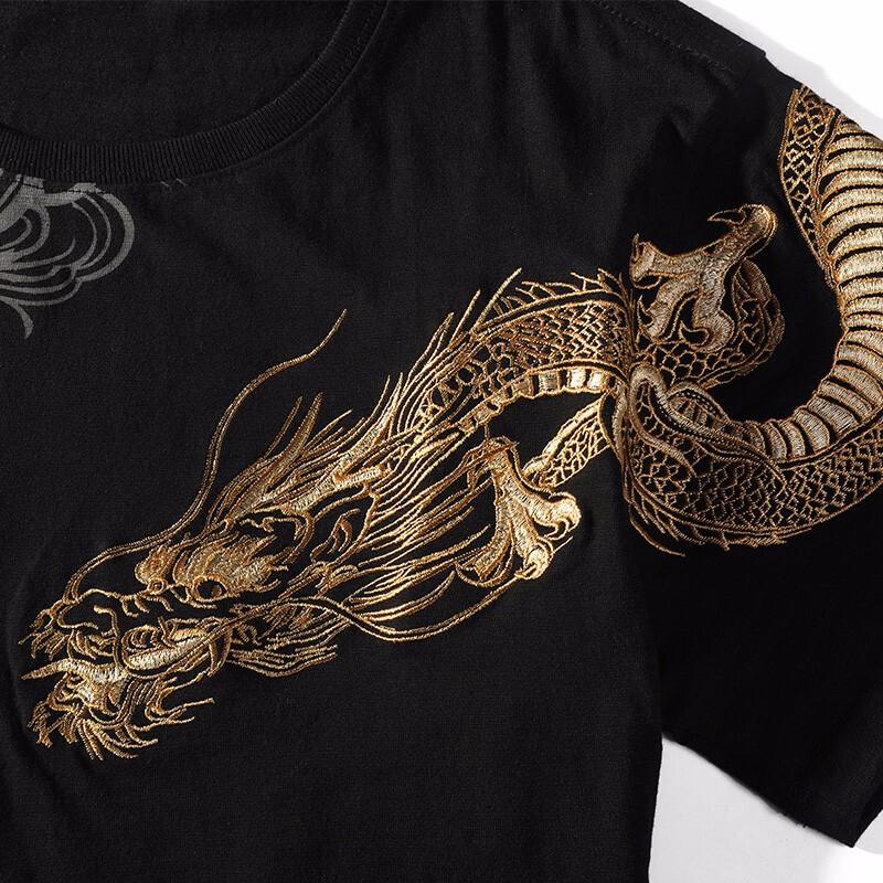Dragon on Shoulder Embroidery T-Shirt Streetwear Brand Techwear Combat Tactical YUGEN THEORY