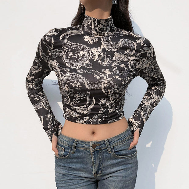 Dragon Print Turtleneck Long Sleeve T Shirt Streetwear Brand Techwear Combat Tactical YUGEN THEORY