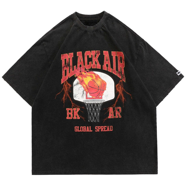 Fire Basketball Shot Washed Graphic Tee Streetwear Brand Techwear Combat Tactical YUGEN THEORY