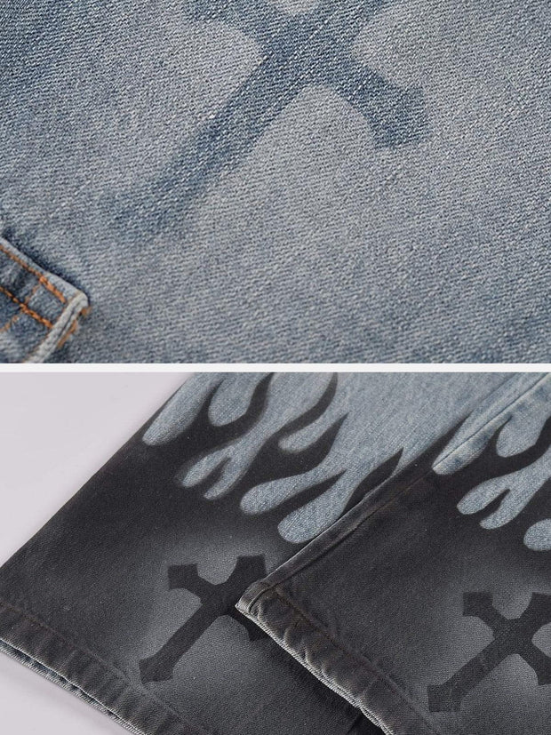 Flame & Cross Vibe Slim Jeans Streetwear Brand Techwear Combat Tactical YUGEN THEORY