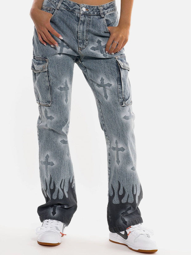 Flame & Cross Vibe Slim Jeans Streetwear Brand Techwear Combat Tactical YUGEN THEORY