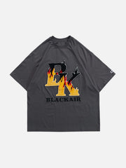 Flame Letters Embroidery Tee Streetwear Brand Techwear Combat Tactical YUGEN THEORY