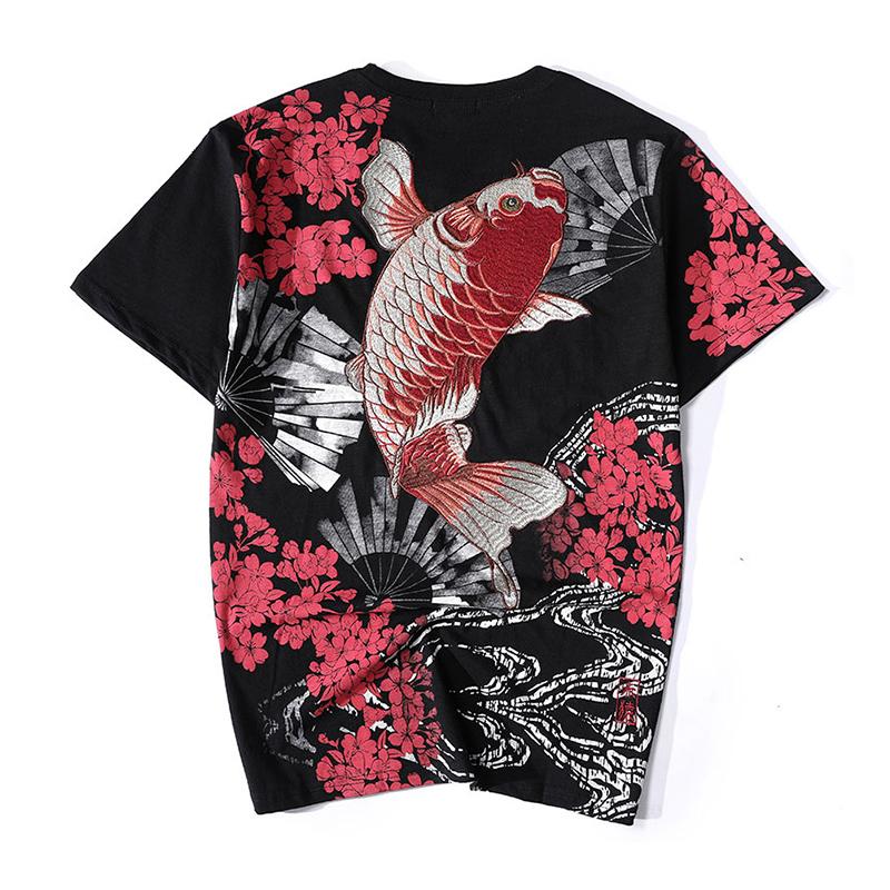 Folding Fan & Koi Embroidery T-Shirt Streetwear Brand Techwear Combat Tactical YUGEN THEORY