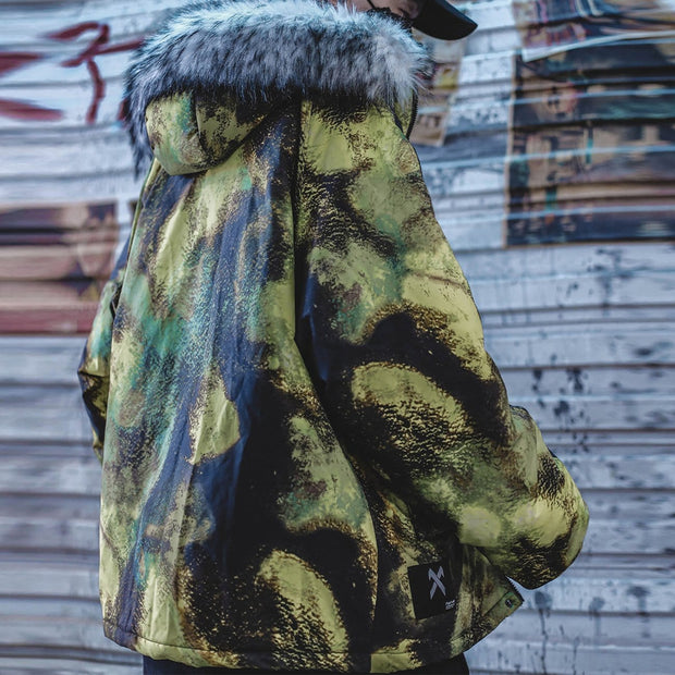 Fur Collar Camouflage Winter Coat Streetwear Brand Techwear Combat Tactical YUGEN THEORY