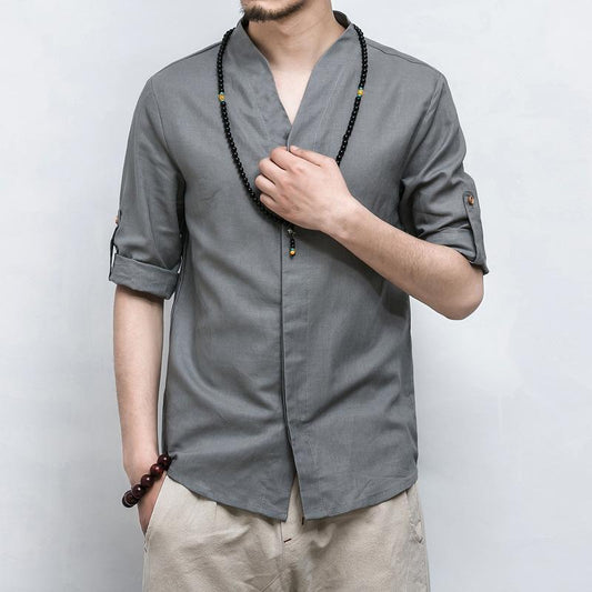 Grey V-Neck Causal Kimono Shirt (With Buttons) Streetwear Brand Techwear Combat Tactical YUGEN THEORY
