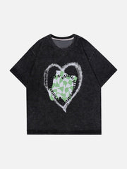 Heart Checkerboard Washed Graphic Tee Streetwear Brand Techwear Combat Tactical YUGEN THEORY