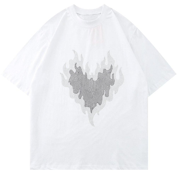 Heart Flames Rhinestone T-Shirt Streetwear Brand Techwear Combat Tactical YUGEN THEORY