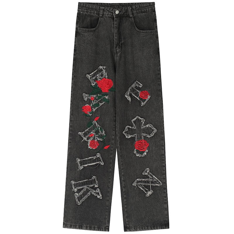 High Street Jeans Rose Letter Patch Streetwear Brand Techwear Combat Tactical YUGEN THEORY