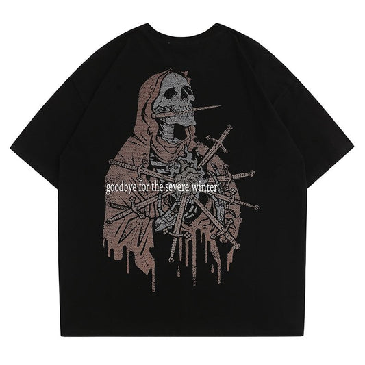 High Street T-shirt Rhinestones Skeleton Streetwear Brand Techwear Combat Tactical YUGEN THEORY