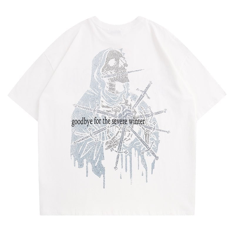 High Street T-shirt Rhinestones Skeleton Streetwear Brand Techwear Combat Tactical YUGEN THEORY