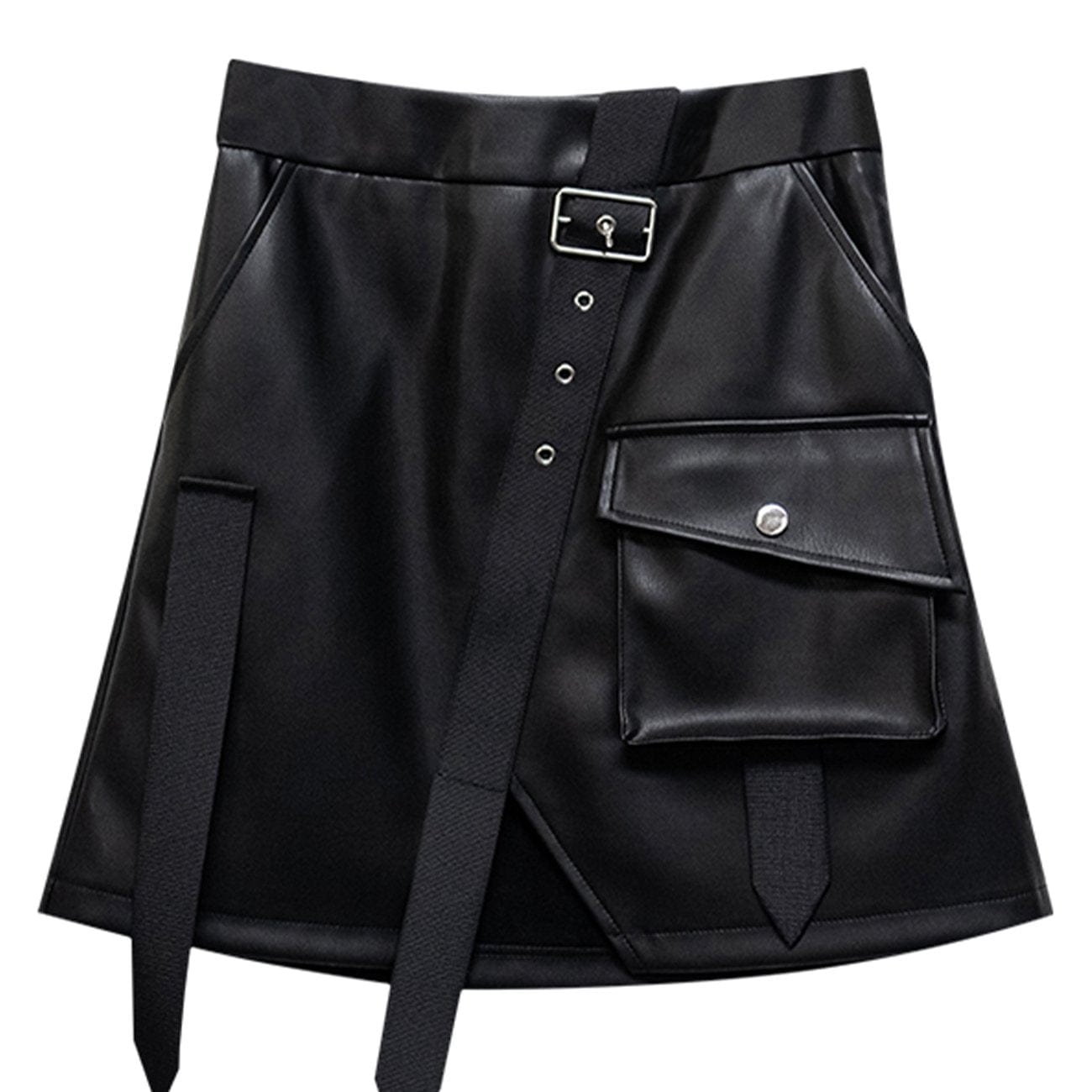 Irregular Patchwork Ribbons PU Skirt Streetwear Brand Techwear Combat Tactical YUGEN THEORY