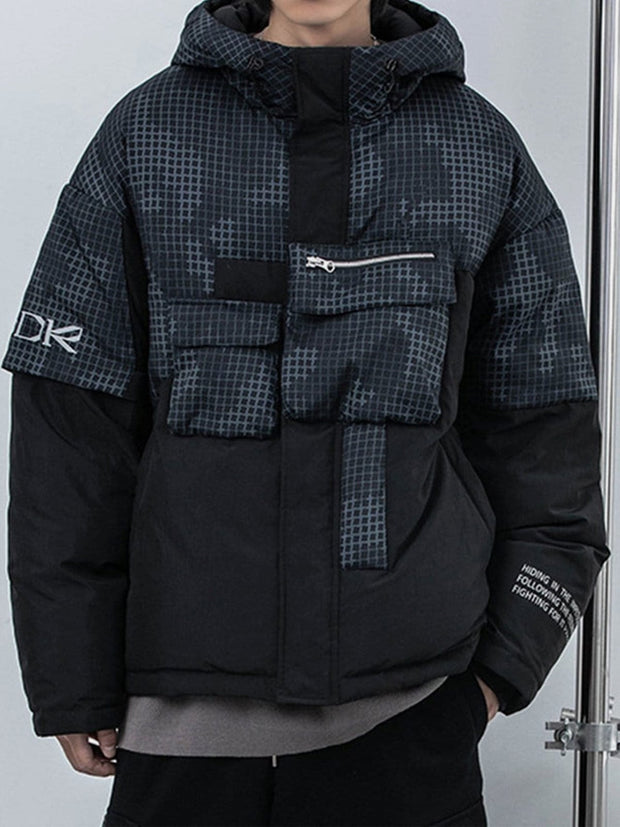 Irregular Plaid Patchwork Winter Down Coat Streetwear Brand Techwear Combat Tactical YUGEN THEORY