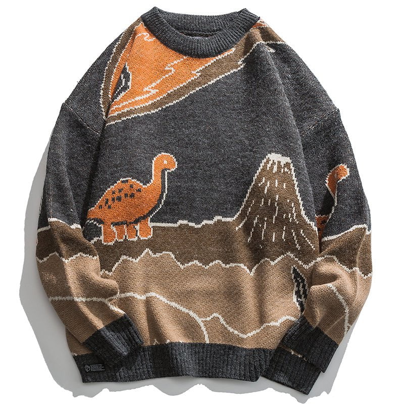 Knitted Sweater Cartoon Dinosaur and Volcanoes Streetwear Brand Techwear Combat Tactical YUGEN THEORY