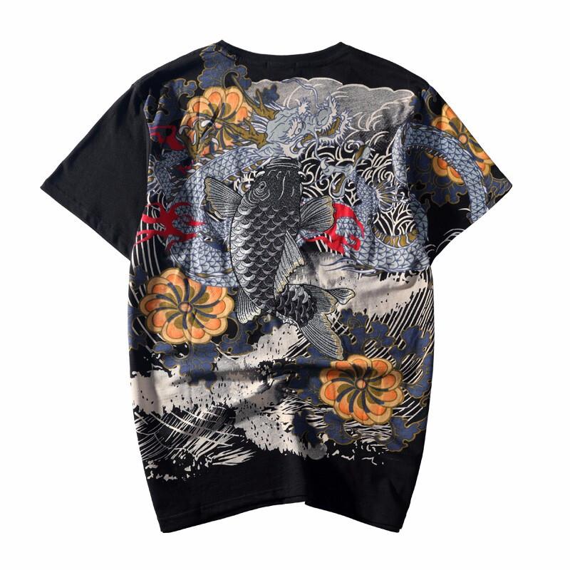 Koi & Dragon Embroidery T-Shirt Streetwear Brand Techwear Combat Tactical YUGEN THEORY