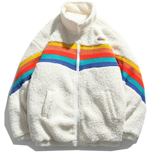 Lamb Woolen Winter Coat Rainbow Strip Streetwear Brand Techwear Combat Tactical YUGEN THEORY